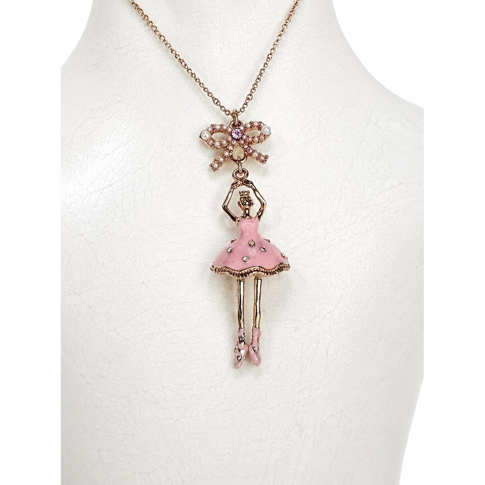 Rare Vintage Betsey Johnson Ballerina Necklace Jointed Moving Legs Pink Tutu Bow